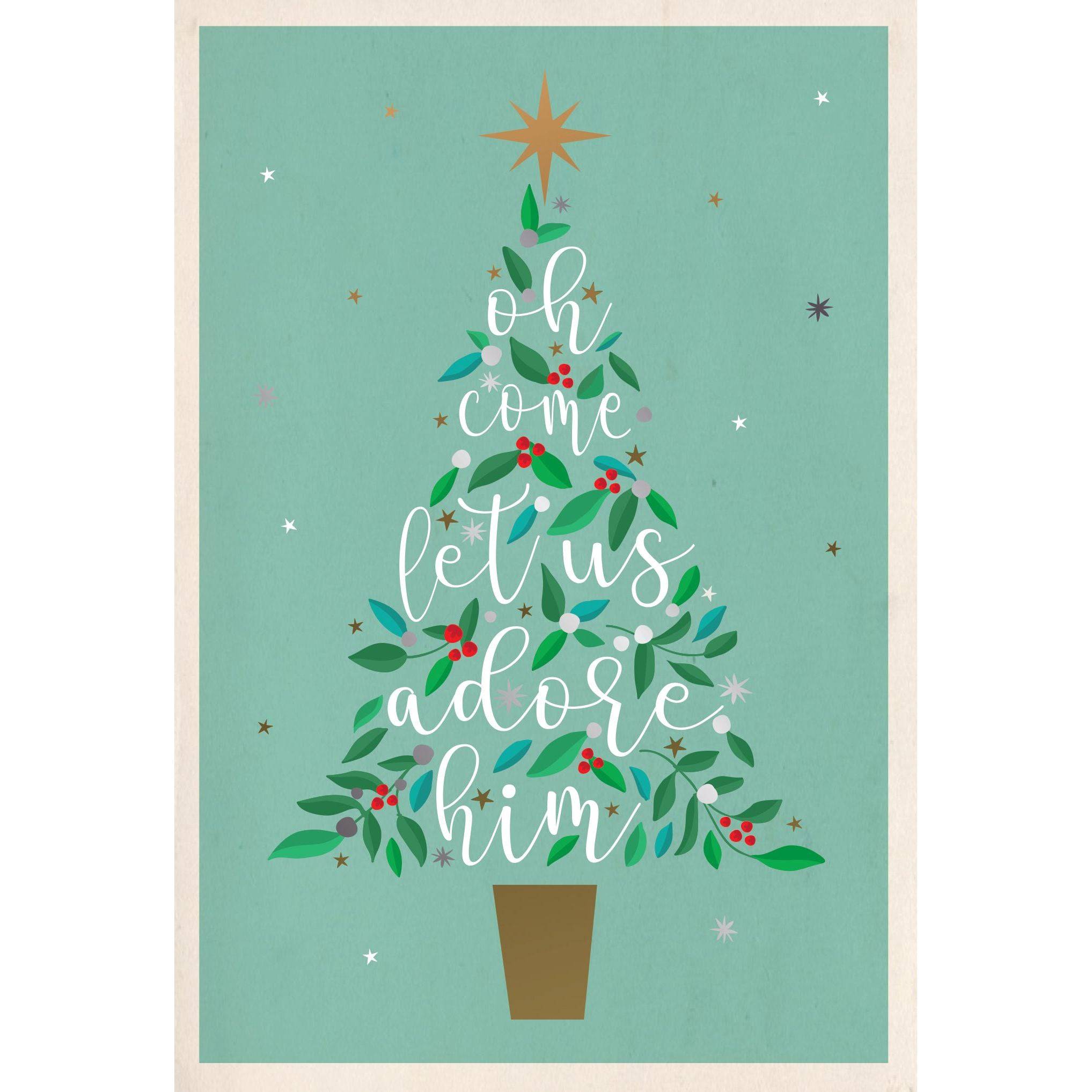 Religious Christmas card titled "Let Us Adore Him" featuring a festive design with religious symbols, produced by Pictura.